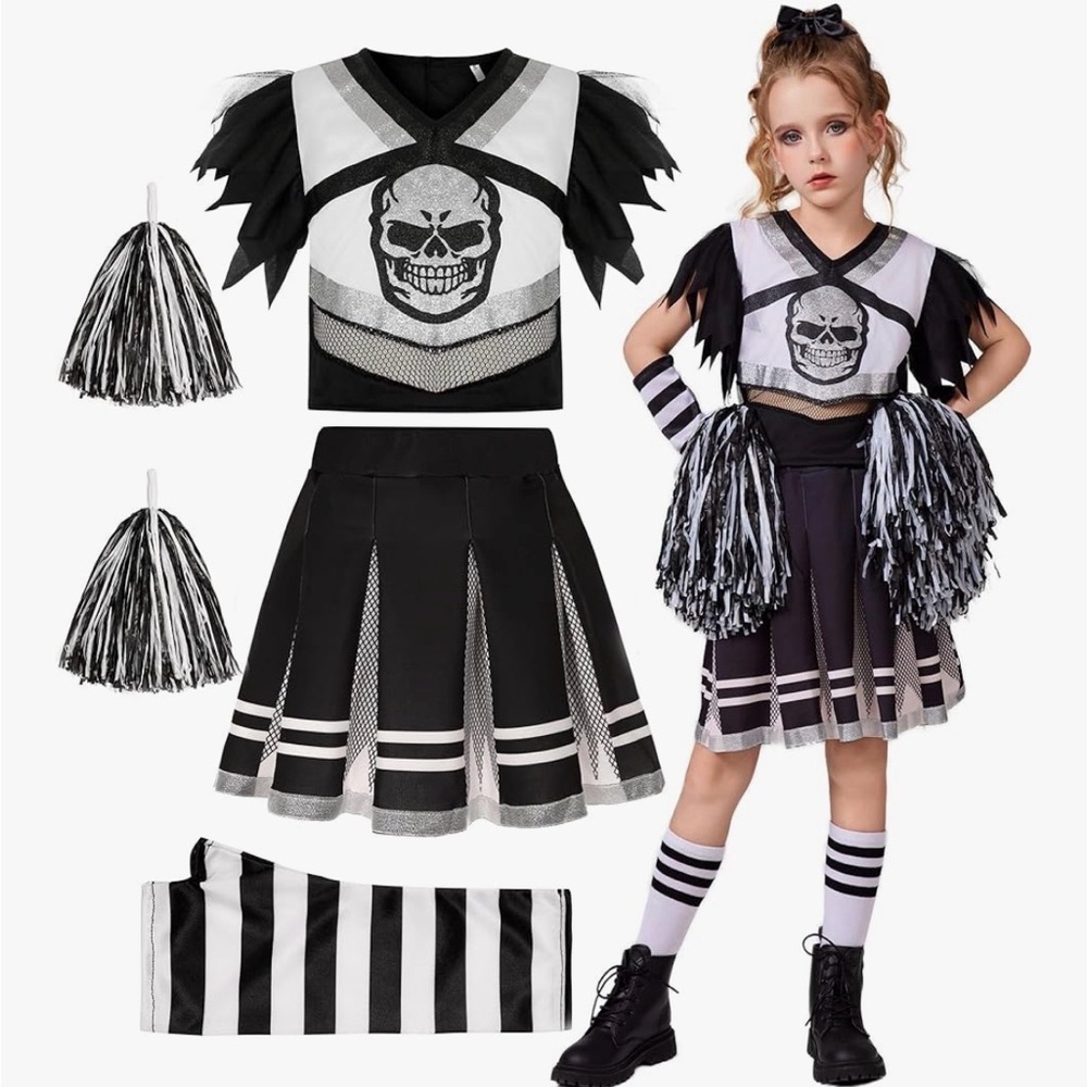 Kids Cheerleader Costume with Skull Design - Black and White